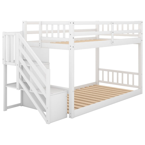 English Elm Twin Over Low Profile Floor Bunk Bed Pine Wood Frame with Storage Ladder Steps White SM000106AAK-1