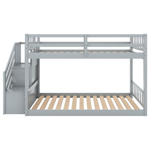 English Elm Twin Over Low Profile Floor Bunk Bed Pine Wood Frame with Storage Ladder Steps Gray SM000106AAE-1