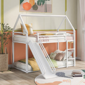 English Elm Twin House Bunk Bed with Ladder and Slide — Space-Saving Metal Twin over Twin Frame, Safe Design White WF283081AAK