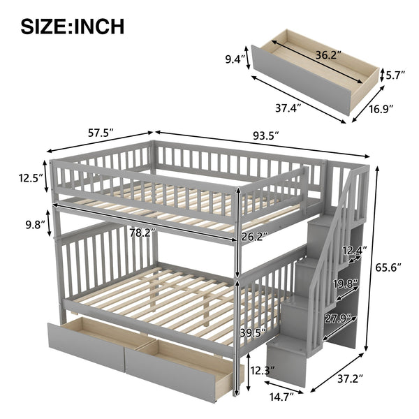 English Elm Full Full over Full Bunk Bed with Built-In Drawers & Deep Storage, Sturdy Pine Frame for Families Gray SM000113AAE-1