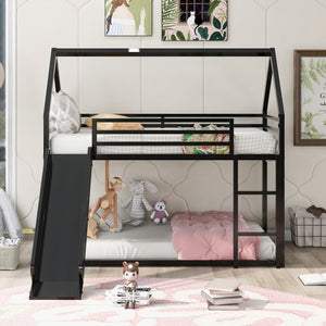 English Elm Twin House Bunk Bed with Ladder and Slide — Space-Saving Metal Twin over Twin Frame, Safe Design Black WF283081AAB