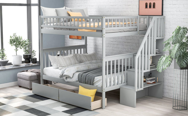 English Elm Full Full over Full Bunk Bed with Built-In Drawers & Deep Storage, Sturdy Pine Frame for Families Gray SM000113AAE-1