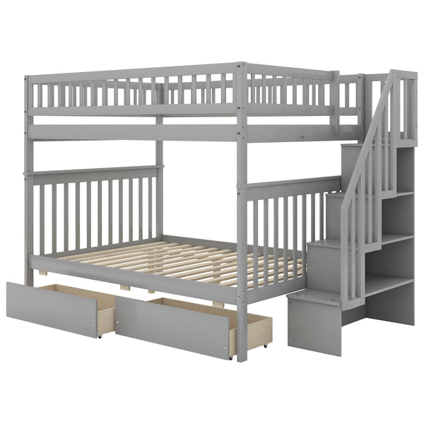 English Elm Full Full over Full Bunk Bed with Built-In Drawers & Deep Storage, Sturdy Pine Frame for Families Gray SM000113AAE-1