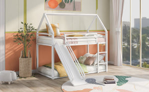 English Elm Twin House Bunk Bed with Ladder and Slide — Space-Saving Metal Twin over Twin Frame, Safe Design White WF283081AAK