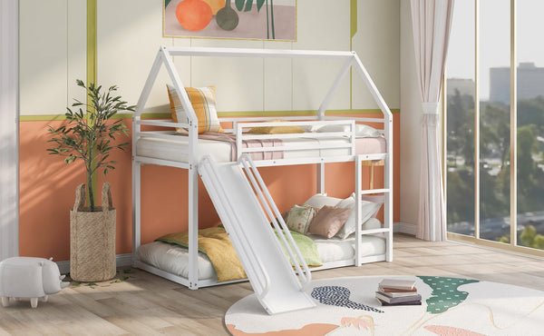 English Elm Twin House Bunk Bed with Ladder and Slide — Space-Saving Metal Twin over Twin Frame, Safe Design White WF283081AAK