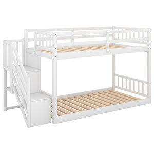 English Elm Twin Over Low Profile Floor Bunk Bed Pine Wood Frame with Storage Ladder Steps White SM000106AAK-1