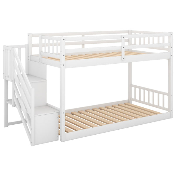 English Elm Twin Over Low Profile Floor Bunk Bed Pine Wood Frame with Storage Ladder Steps White SM000106AAK-1