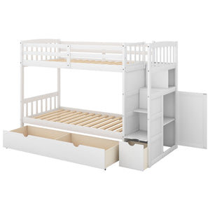 English Elm Twin Convertible Bunk Bed with Stairs, Storage Drawers & Shelves, Space-Saving Durable Pine Frame White SM000117AAK-1