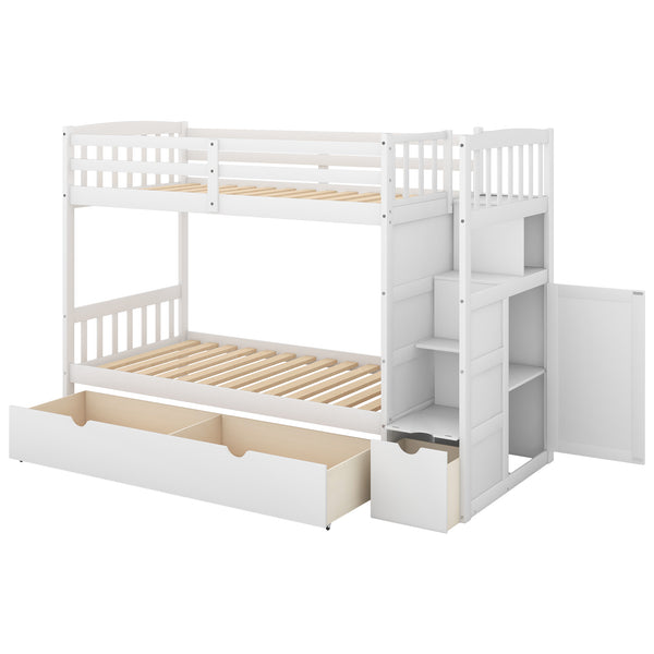 English Elm Twin Convertible Bunk Bed with Stairs, Storage Drawers & Shelves, Space-Saving Durable Pine Frame White SM000117AAK-1
