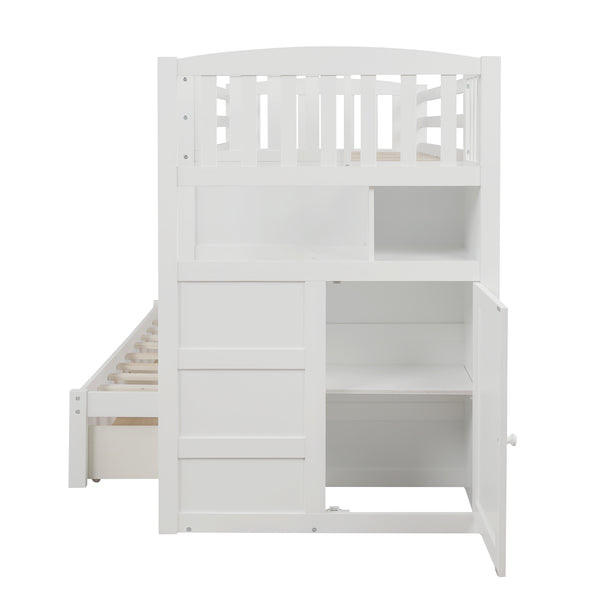 English Elm Twin Convertible Bunk Bed with Stairs, Storage Drawers & Shelves, Space-Saving Durable Pine Frame White SM000117AAK-1