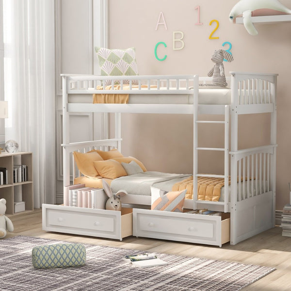 English Elm Twin Over Solid Pine Bunk Bed with Rolling Drawers and Convertible Platform White GX000240AAK