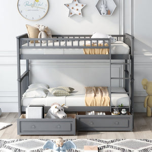 English Elm Twin Over Solid Pine Bunk Bed with Rolling Drawers and Convertible Platform Gray GX000240AAE