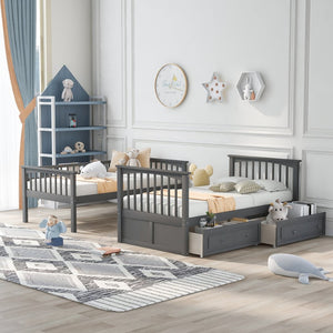 English Elm Twin Over Solid Pine Bunk Bed with Rolling Drawers and Convertible Platform Gray GX000240AAE