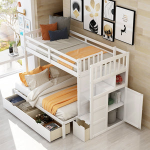 English Elm Twin Convertible Bunk Bed with Stairs, Storage Drawers & Shelves, Space-Saving Durable Pine Frame White SM000117AAK-1
