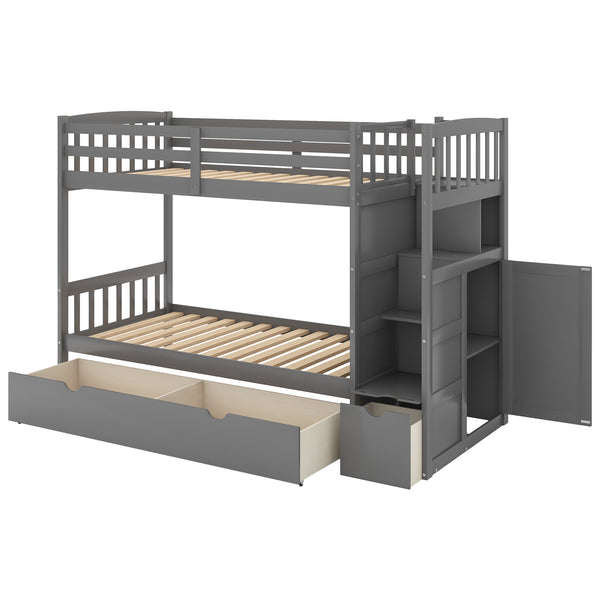 English Elm Twin Convertible Bunk Bed with Stairs, Storage Drawers & Shelves, Space-Saving Durable Pine Frame Gray SM000117AAE-1