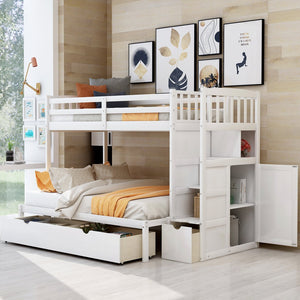 English Elm Twin Convertible Bunk Bed with Stairs, Storage Drawers & Shelves, Space-Saving Durable Pine Frame White SM000117AAK-1