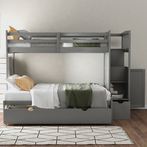 English Elm Twin Convertible Bunk Bed with Stairs, Storage Drawers & Shelves, Space-Saving Durable Pine Frame Gray SM000117AAE-1