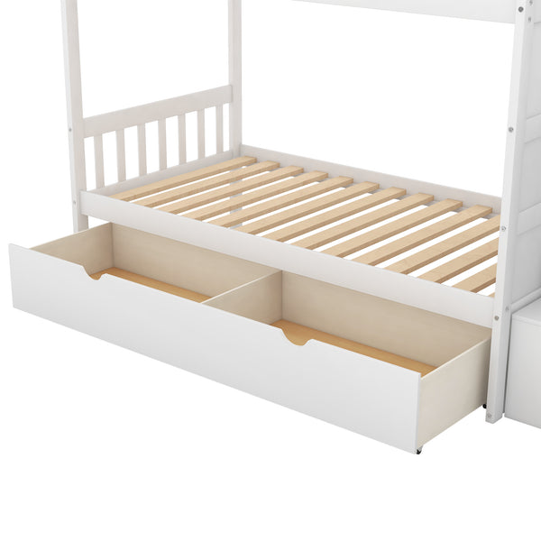 English Elm Twin Convertible Bunk Bed with Stairs, Storage Drawers & Shelves, Space-Saving Durable Pine Frame White SM000117AAK-1