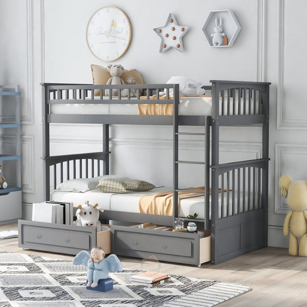 English Elm Twin Over Solid Pine Bunk Bed with Rolling Drawers and Convertible Platform Gray GX000240AAE