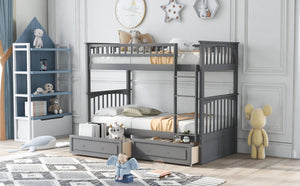 English Elm Twin Over Solid Pine Bunk Bed with Rolling Drawers and Convertible Platform Gray GX000240AAE