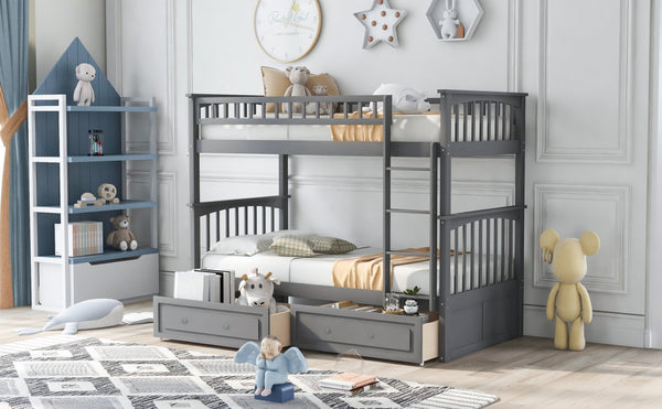 English Elm Twin Over Solid Pine Bunk Bed with Rolling Drawers and Convertible Platform Gray GX000240AAE