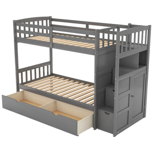 English Elm Twin Convertible Bunk Bed with Stairs, Storage Drawers & Shelves, Space-Saving Durable Pine Frame Gray SM000117AAE-1