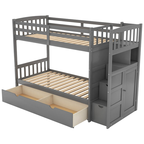 English Elm Twin Convertible Bunk Bed with Stairs, Storage Drawers & Shelves, Space-Saving Durable Pine Frame Gray SM000117AAE-1