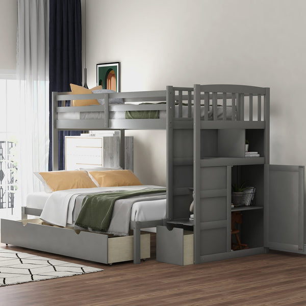 English Elm Twin Convertible Bunk Bed with Stairs, Storage Drawers & Shelves, Space-Saving Durable Pine Frame Gray SM000117AAE-1