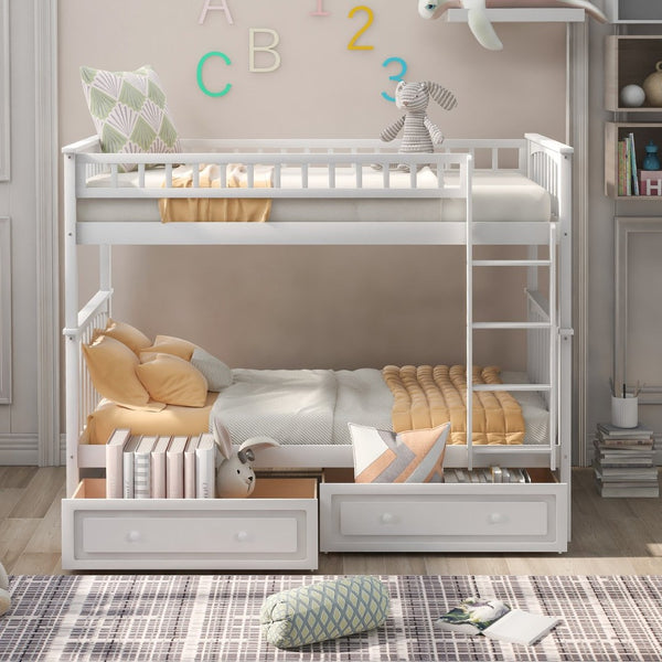 English Elm Twin Over Solid Pine Bunk Bed with Rolling Drawers and Convertible Platform White GX000240AAK