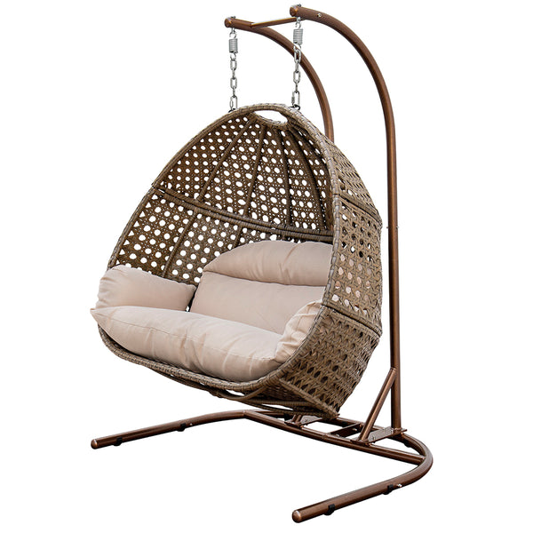 English Elm Brown Wicker Hanging Double-Seat Swing Chair with Iron Stand, UV‑Resistant Rattan, Beige Cushions 9716KD3-BB