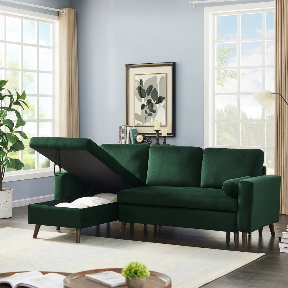 English Elm 88 Inch Velvet Sleeper Sectional Sofa with Reversible Chaise and Hidden Storage W668S00022