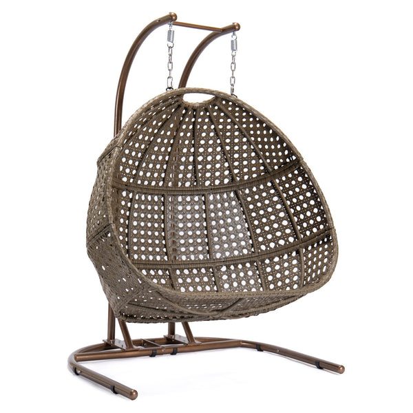 English Elm Brown Wicker Hanging Double-Seat Swing Chair with Iron Stand, UV‑Resistant Rattan, Beige Cushions 9716KD3-BB