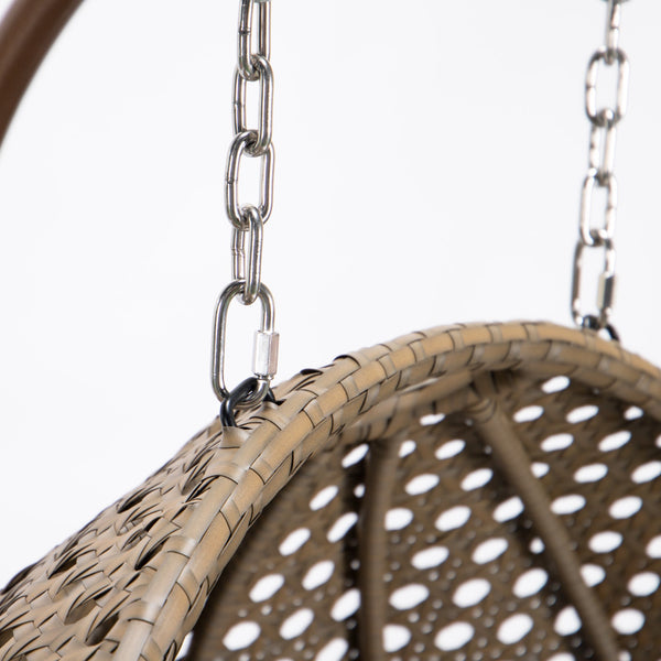 English Elm Brown Wicker Hanging Double-Seat Swing Chair with Iron Stand, UV‑Resistant Rattan, Beige Cushions 9716KD3-BB