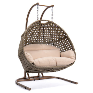 English Elm Brown Wicker Hanging Double-Seat Swing Chair with Iron Stand, UV‑Resistant Rattan, Beige Cushions 9716KD3-BB