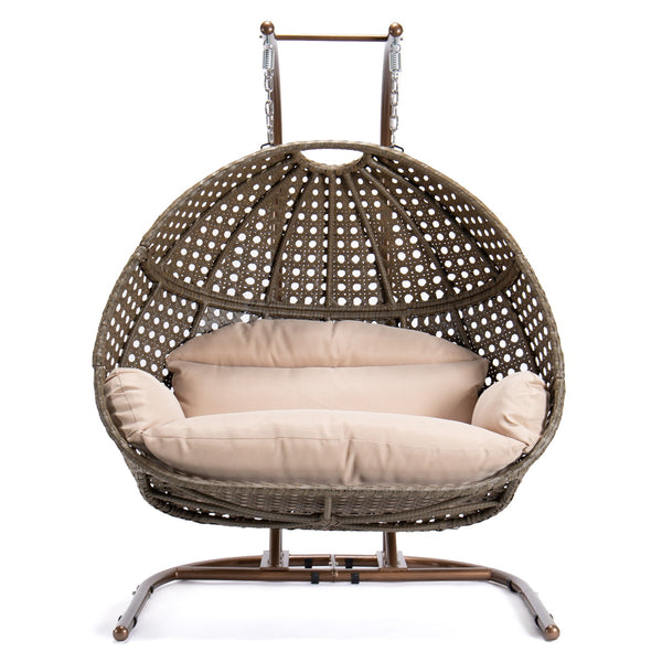 English Elm Brown Wicker Hanging Double-Seat Swing Chair with Iron Stand, UV‑Resistant Rattan, Beige Cushions 9716KD3-BB