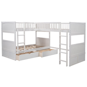 English Elm Twin Triple Bunk Bed with Loft and Built-In Drawers Space-Saving Pine Wood Design for Sleepovers White SM000232AAK-1