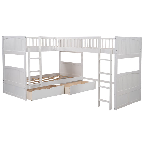 English Elm Twin Triple Bunk Bed with Loft and Built-In Drawers Space-Saving Pine Wood Design for Sleepovers White SM000232AAK-1