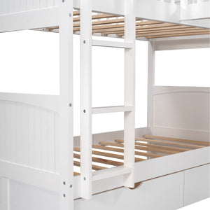 English Elm Twin Triple Bunk Bed with Loft and Built-In Drawers Space-Saving Pine Wood Design for Sleepovers White SM000232AAK-1