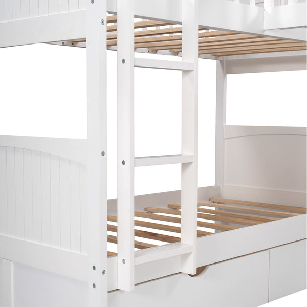 English Elm Twin Triple Bunk Bed with Loft and Built-In Drawers Space-Saving Pine Wood Design for Sleepovers White SM000232AAK-1