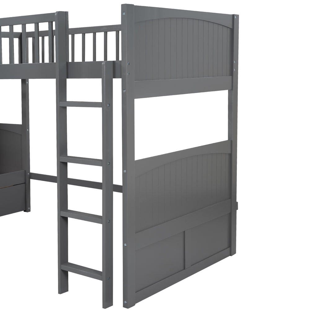 English Elm Twin Triple Bunk Bed with Loft and Built-In Drawers Space-Saving Pine Wood Design for Sleepovers Gray SM000232AAE-1