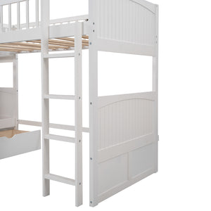 English Elm Twin Triple Bunk Bed with Loft and Built-In Drawers Space-Saving Pine Wood Design for Sleepovers White SM000232AAK-1