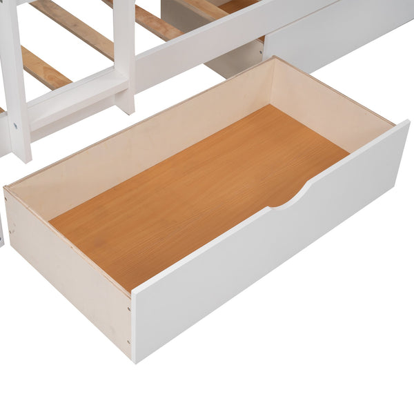 English Elm Twin Triple Bunk Bed with Loft and Built-In Drawers Space-Saving Pine Wood Design for Sleepovers White SM000232AAK-1