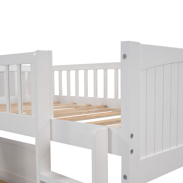 English Elm Twin Triple Bunk Bed with Loft and Built-In Drawers Space-Saving Pine Wood Design for Sleepovers White SM000232AAK-1