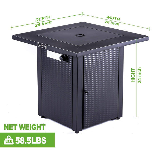 English Elm 28in 50,000BTU Outdoor Propane Fire Pit Table with Lid, Rattan Wicker Look, Lava Rock, ETL Safe Adjustable Flame HYMY-CDF-WMGB28-WK