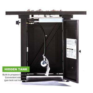 English Elm 28in Propane Fire Pit Table 50,000 BTU Square Outdoor Dining Firetable with Lid Lava Stones ETL Approved HYMY-CDF-WMGB28