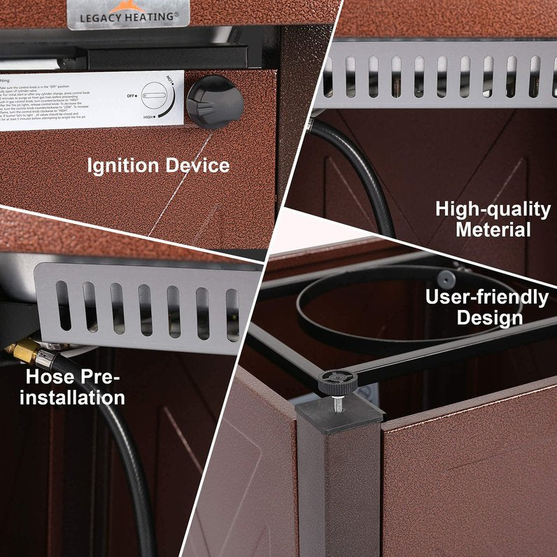 English Elm 28" 50000 BTU Outdoor Propane Fire Pit Table Square Brown Textured Patio Fireplace with Lid & Lava Rock Burgundy HYMY-CDF-WMGB28-X-JH