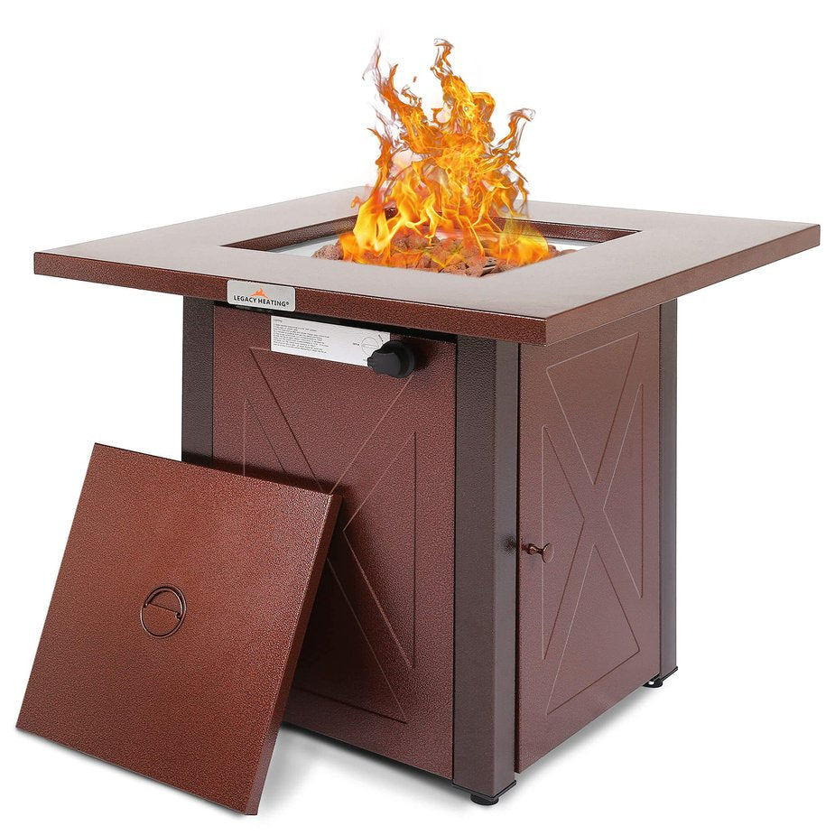 English Elm 28" 50000 BTU Outdoor Propane Fire Pit Table Square Brown Textured Patio Fireplace with Lid & Lava Rock Burgundy HYMY-CDF-WMGB28-X-JH