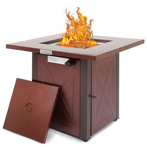 English Elm 28" 50000 BTU Outdoor Propane Fire Pit Table Square Brown Textured Patio Fireplace with Lid & Lava Rock Burgundy HYMY-CDF-WMGB28-X-JH