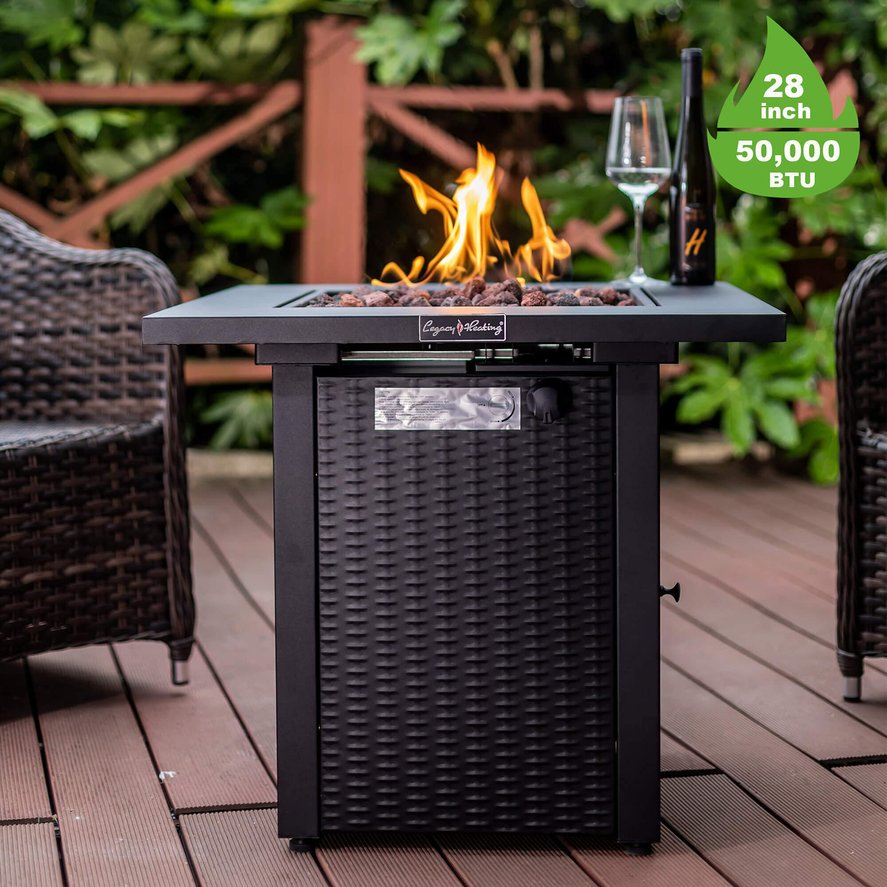 English Elm 28in 50,000BTU Outdoor Propane Fire Pit Table with Lid, Rattan Wicker Look, Lava Rock, ETL Safe Adjustable Flame HYMY-CDF-WMGB28-WK