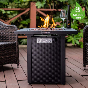 English Elm 28in 50,000BTU Outdoor Propane Fire Pit Table with Lid, Rattan Wicker Look, Lava Rock, ETL Safe Adjustable Flame HYMY-CDF-WMGB28-WK